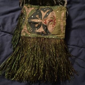 Peruvian Connection green fringed velvet skinny scarf embellished